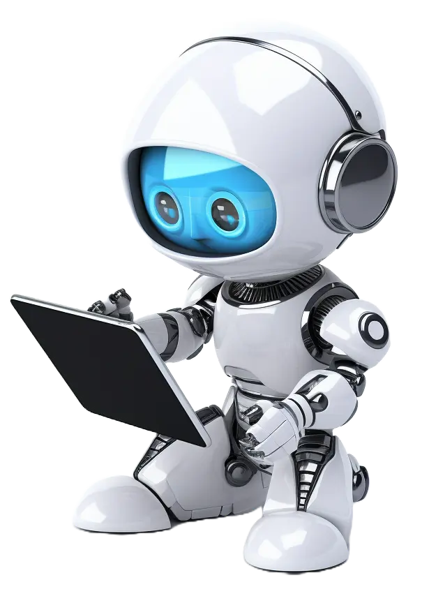 Automated energy management - A white, humanoid robot with a blue face screen holds and writes on a black clipboard. The robot has large, round eyes and a futuristic, shiny design with metallic joints and details.
