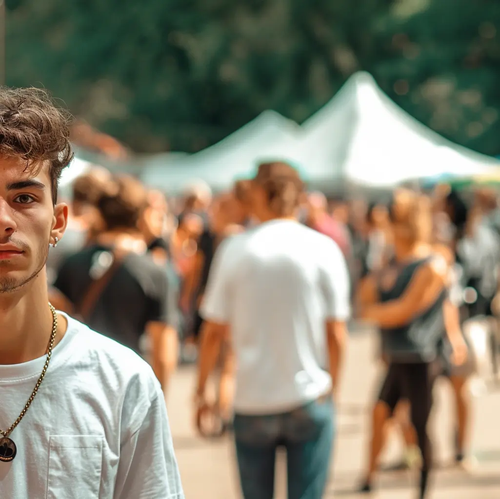 Automated energy management - A young man wearing a white T-shirt and necklace stands in the foreground, looking at the camera. Behind him, people walk and gather outdoors near white marquees, with trees in the background.
