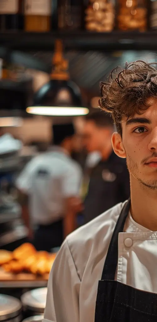 Automated energy management - A young man in a white chef's coat and black apron stands in a restaurant kitchen. The background is blurred, showing people and kitchen equipment, with food visible on a counter.