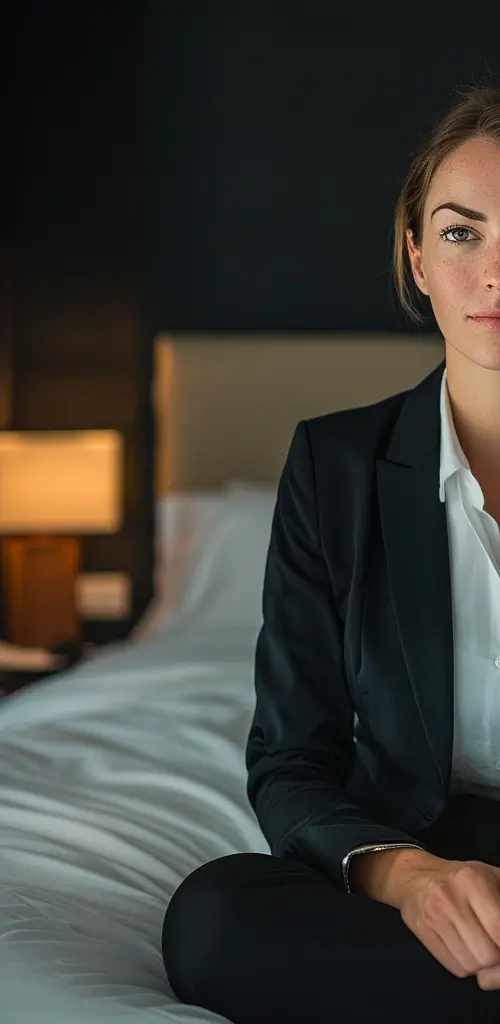 Automated energy management - A woman in a black suit and white shirt sits on a bed in a dimly lit room, with a lamp and headboard visible in the background. Only the right side of her face and upper body are shown.