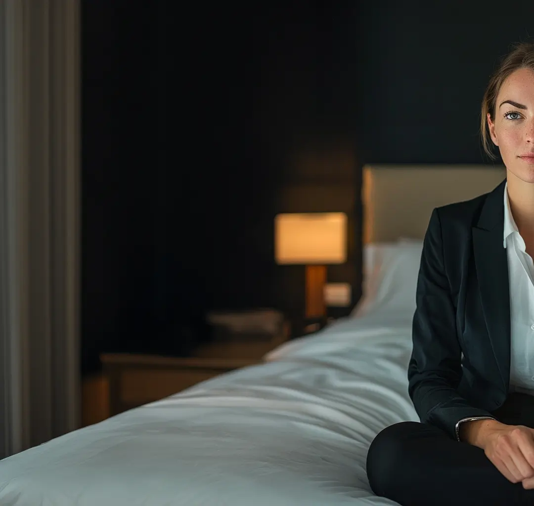 Automated energy management - A woman in a black blazer and white shirt sits on the edge of a bed in a dimly lit room. A lamp and bedside table are visible in the background. Only the right half of her body is shown.