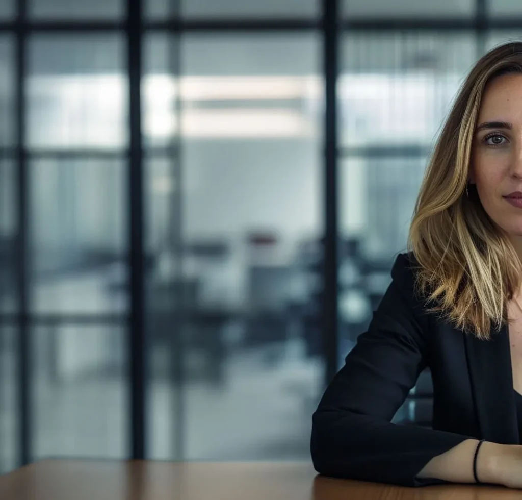 Automated energy management - A woman in a black blazer sits at a table in a modern office with glass walls. Only half of her face and body are visible, and the background shows a blurred office setting.