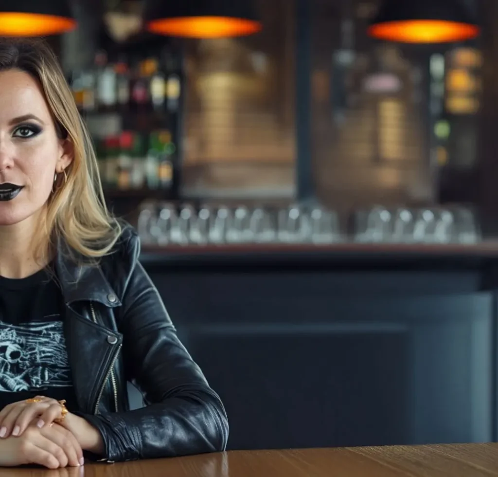 Automated energy management - A woman with dark eye make-up and black lipstick sits at a table in a dimly lit bar, wearing a black leather jacket. Shelves with bottles and hanging lights are visible in the background.