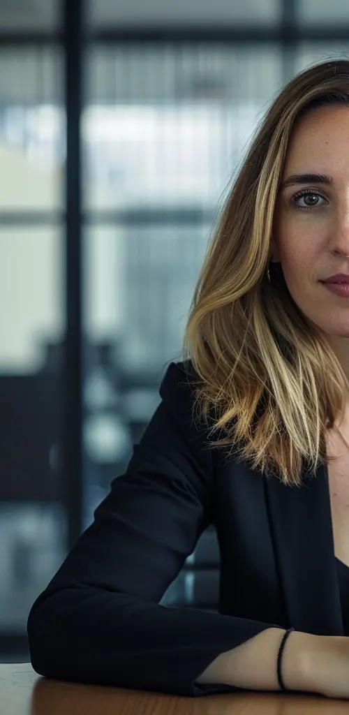 Automated energy management - A woman with shoulder-length blonde hair wearing a black blazer sits at a table. Only the right half of her face and upper body are visible. The background shows an office setting with glass walls and blurred furniture.