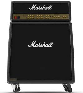 Automated energy management - A Marshall JCM 2000 guitar amplifier head sits on top of a Marshall speaker cabinet. Both units have the Marshall logo in white lettering and black exteriors, with control knobs visible on the amplifier head.