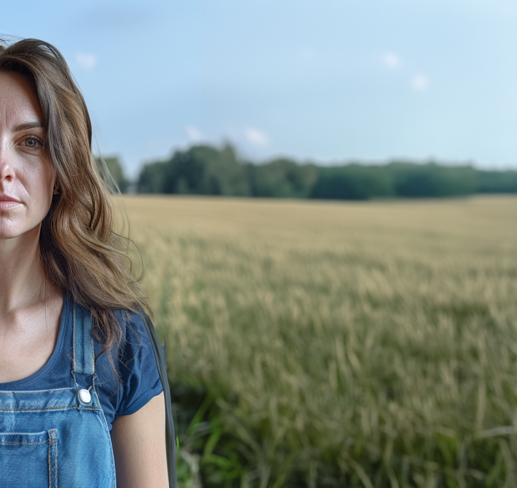 Automated energy management - A woman with long brown hair wearing a blue shirt and denim dungarees stands in front of a field of tall grass or crops. The background shows a blurred landscape with trees and a cloudy sky.