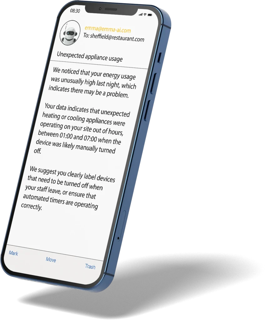Automated energy management - A smartphone displays an email about unexpected appliance usage, noting high energy use overnight and suggesting labelling devices or checking automated timers to prevent issues.
