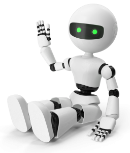Automated energy management - A white humanoid robot with green eyes is sitting on the ground and waving with its right hand. Its design is simple and futuristic, with black joints and a smooth surface.