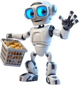 Automated energy management - A white and blue robot is holding a basket filled with bread rolls in one hand and waving with the other hand. The robot has large blue eyes and a friendly appearance.