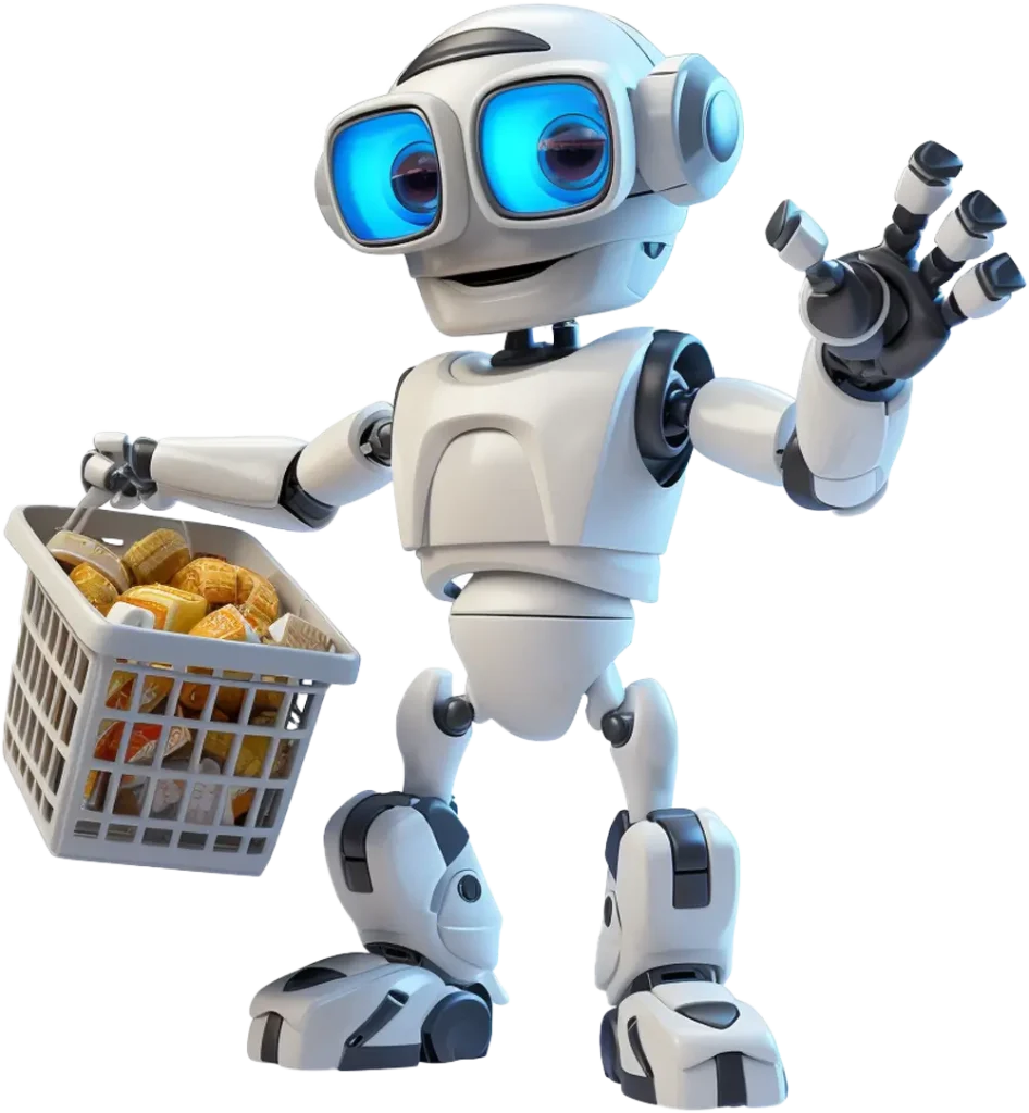Automated energy management - A white humanoid robot with blue eyes is holding a basket filled with various types of bread and waving with its other hand.