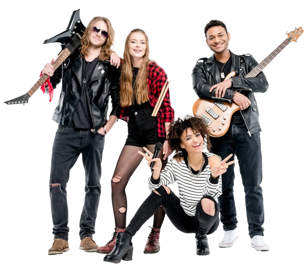Automated energy management - Four young adults pose together with musical instruments. Two are holding guitars, one stands with hands on hips, and one crouches in front making peace signs. They wear casual outfits, mostly in black and leather jackets.