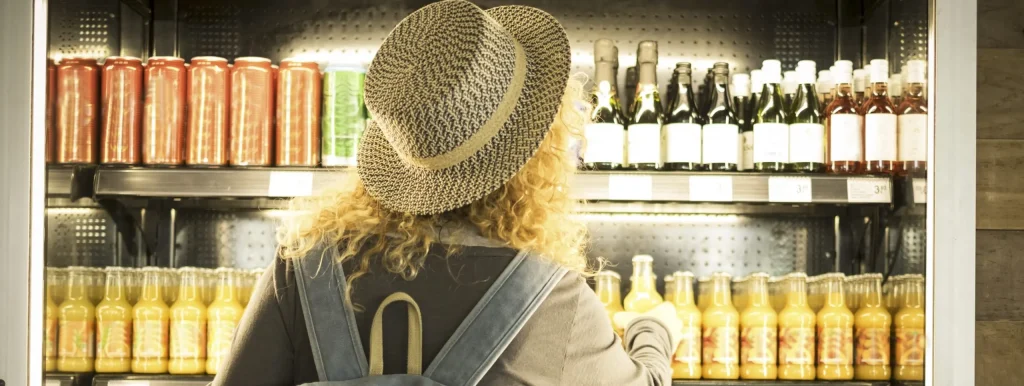 Automated energy management - A person with curly blonde hair, wearing a wide straw hat and a rucksack, stands in front of a refrigerated shelf with bottles and cans of drinks, reaching for a drink.