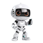 Automated energy management - A small, white cartoon robot with large orange and black eyes is standing and holding a mobile phone in its right hand. The robot has a smiling expression and futuristic features.