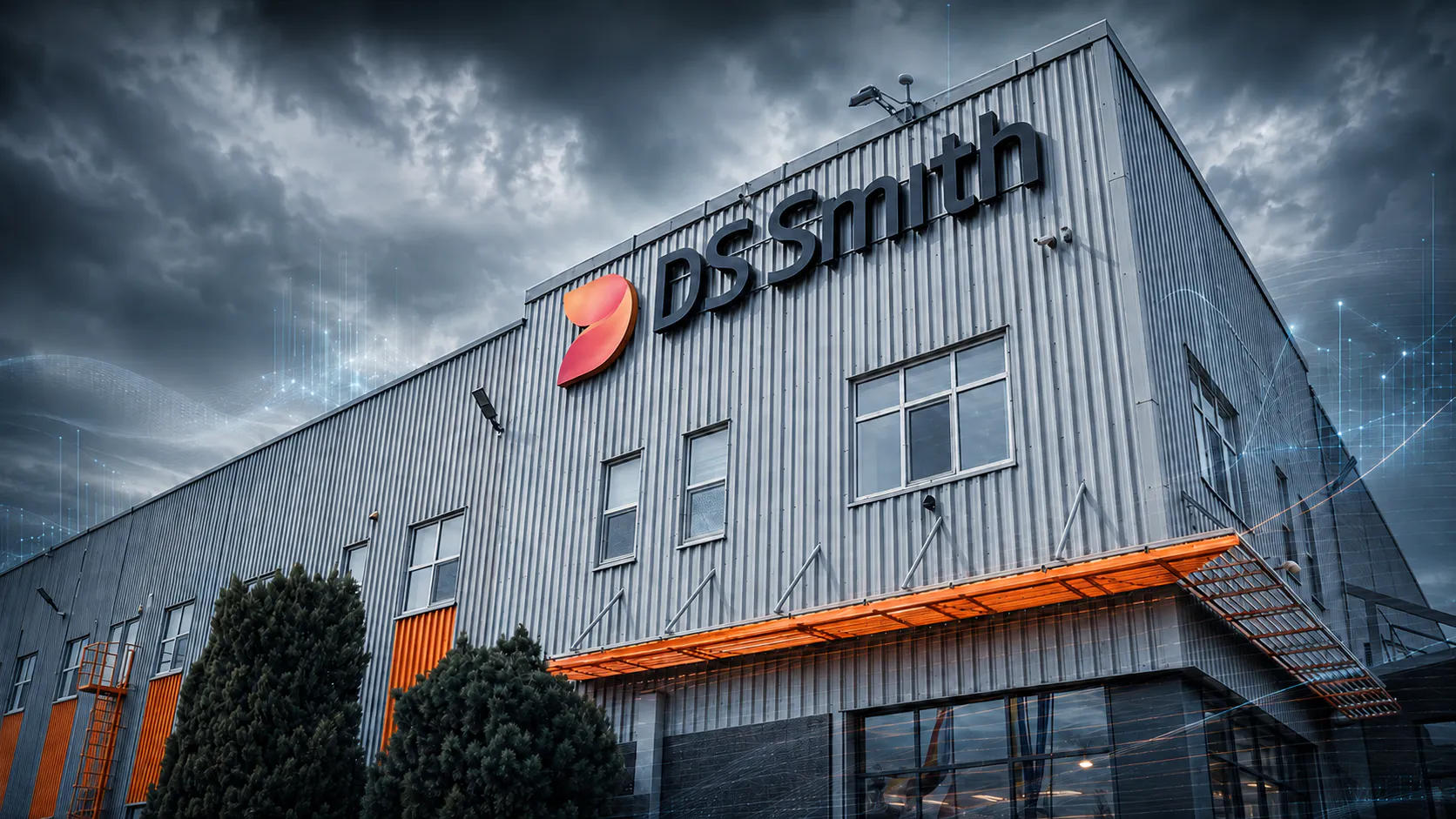 Automated energy management - A large, grey industrial building with the DS Smith logo and name on the exterior wall; windows and orange awnings are visible, along with some trees beside the structure.
