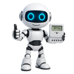 Automated energy management - A white and black cartoon robot gives a thumbs-up with its right hand whilst holding a digital timer displaying 18:45:6 in its left hand. The robot has blue-lit eyes and a friendly expression.