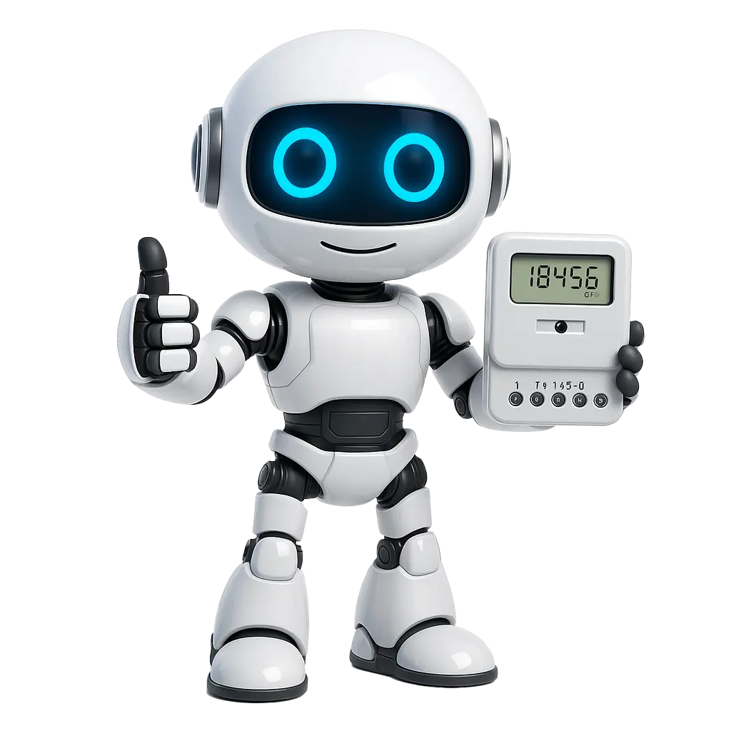 Emma AI robot mascot holding a digital energy meter.