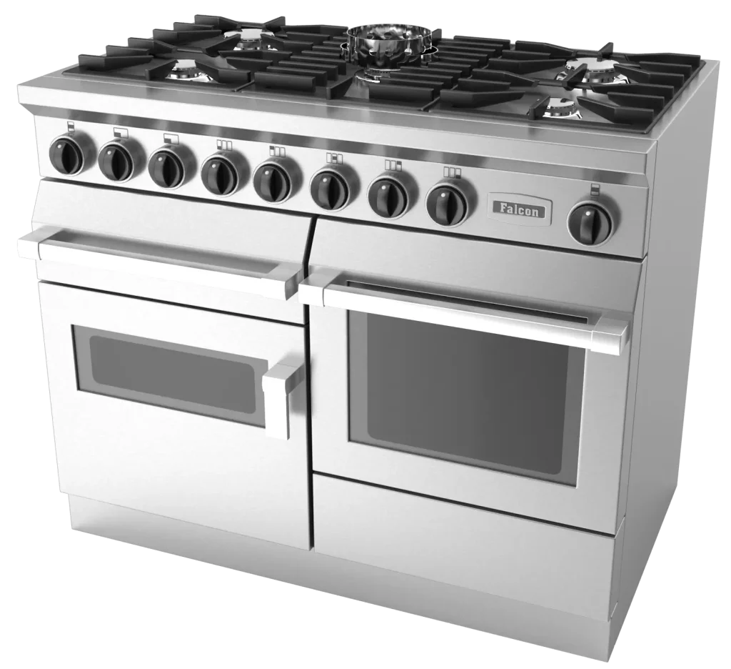 Automated energy management - A stainless steel Falcon brand gas cooker with eight hobs on top and two oven doors below, each with a window. Multiple control knobs are positioned above the oven doors.