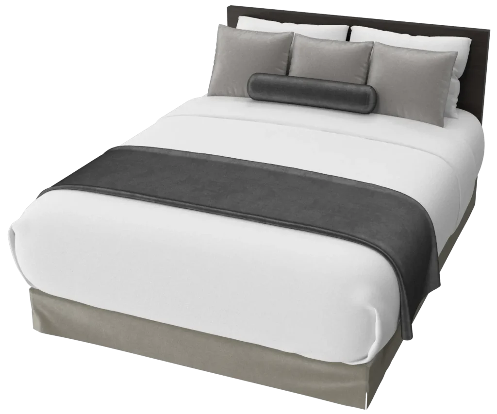 Automated energy management - A neatly made bed with white sheets, a grey bed runner, four pillows in grey and white, and a cylindrical grey bolster cushion against a dark headboard.