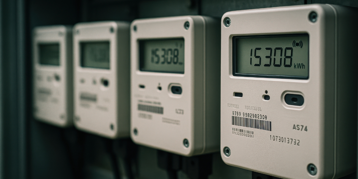 Automated energy management - Two people sit at a desk with a laptop, model wind turbine, hard hat, and solar panel, holding a clipboard displaying an energy efficiency chart with coloured ratings from A to G.
