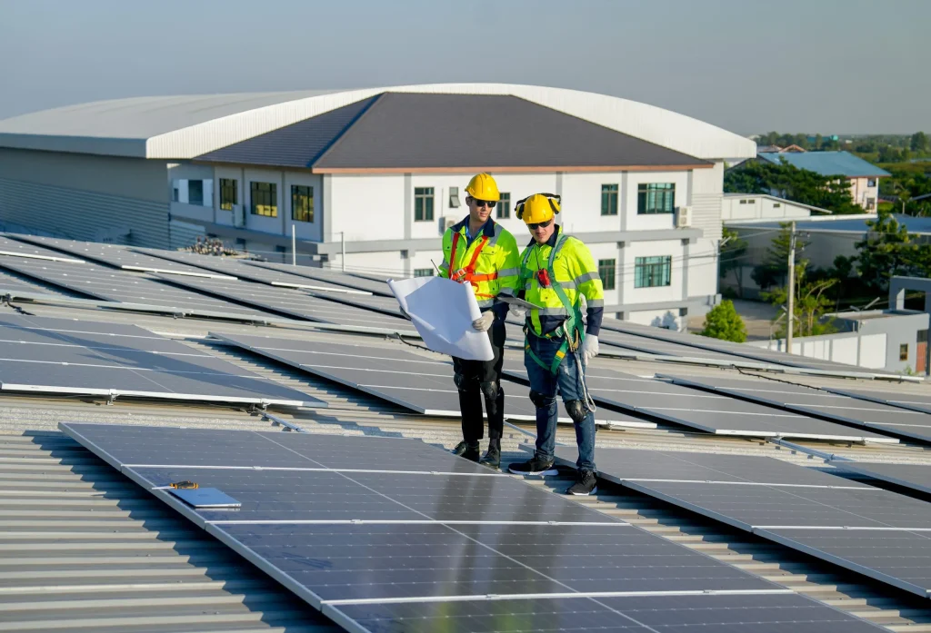 Automated energy management - Two workers in safety gear and helmets stand on a rooftop covered with solar panels, reviewing a large set of plans. A large building and blue sky are visible in the background.
