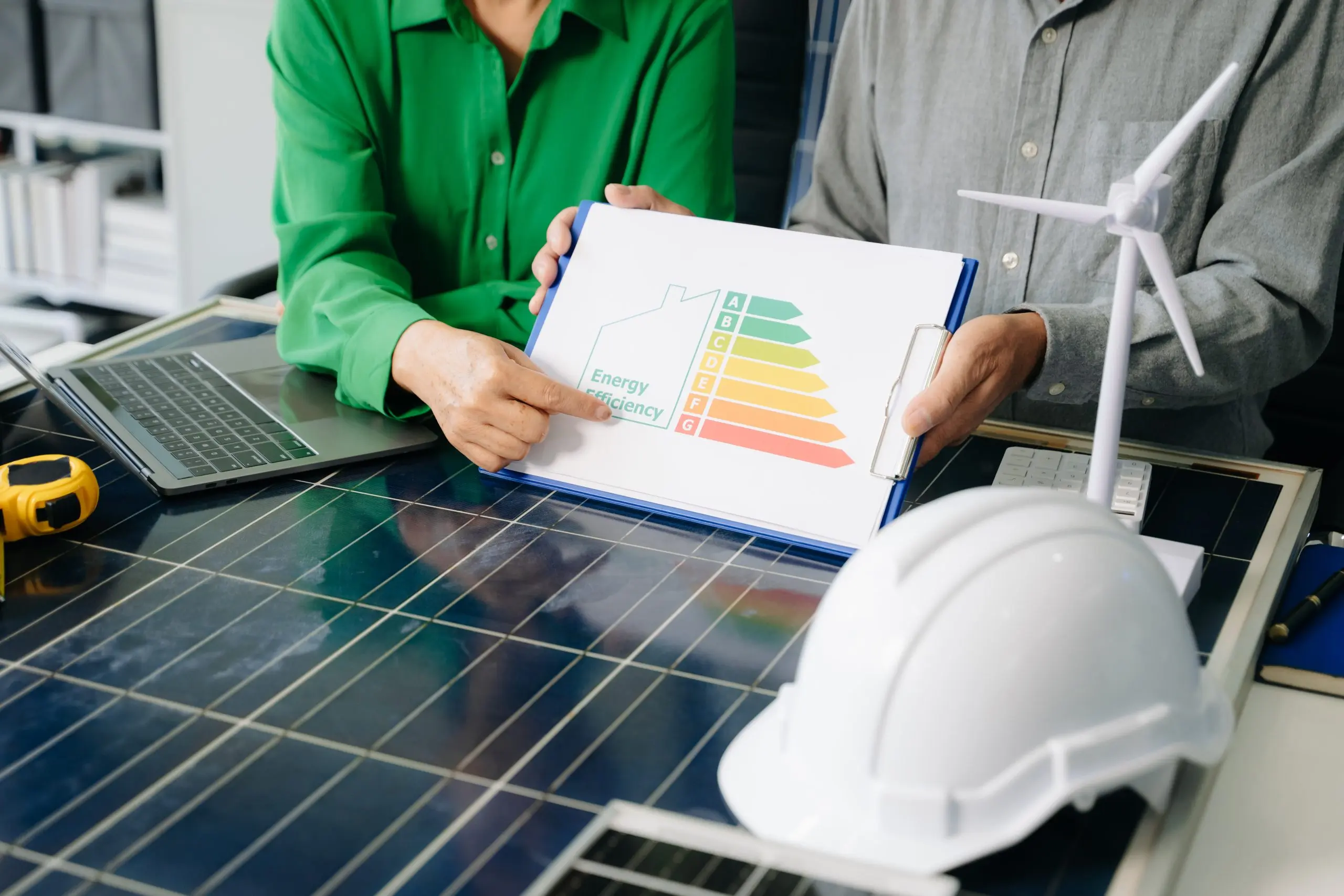 Automated energy management - Two people sit at a desk with a laptop, model wind turbine, hard hat, and solar panel, holding a clipboard displaying an energy efficiency chart with coloured ratings from A to G.