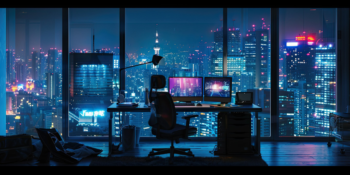 Automated energy management - A modern desk setup with dual monitors, a chair, lamp, and computer equipment stands in front of large windows overlooking a brightly lit city skyline at night. Neon lights and skyscrapers fill the background.
