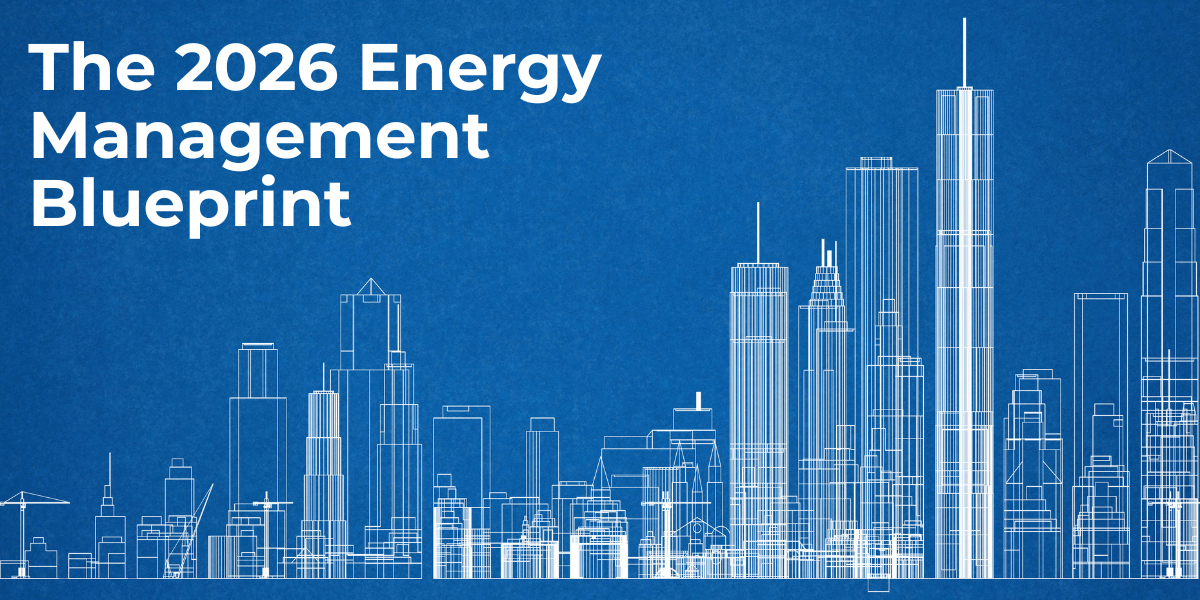 Automated energy management - White, outlined city skyline on a blue background with large text reading “The 2026 Energy Management Blueprint” in the upper left. The image suggests a focus on urban planning or energy strategies for cities.