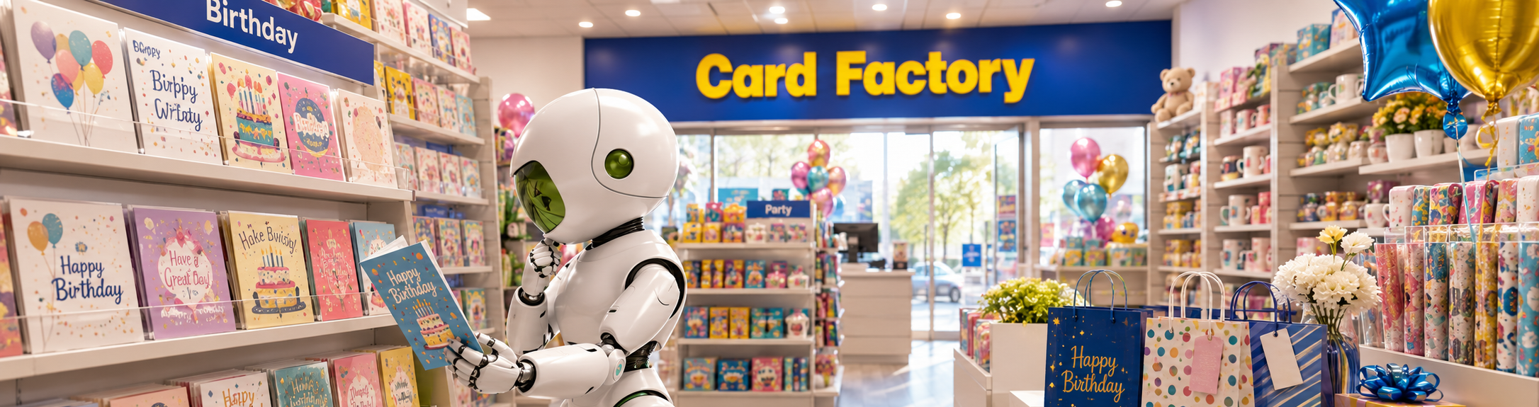 Automated energy management - A robot stands in a brightly lit greeting card shop, looking at birthday cards. The shop shelves are filled with colourful cards and balloons, and a large Card Factory sign is visible above the entrance.