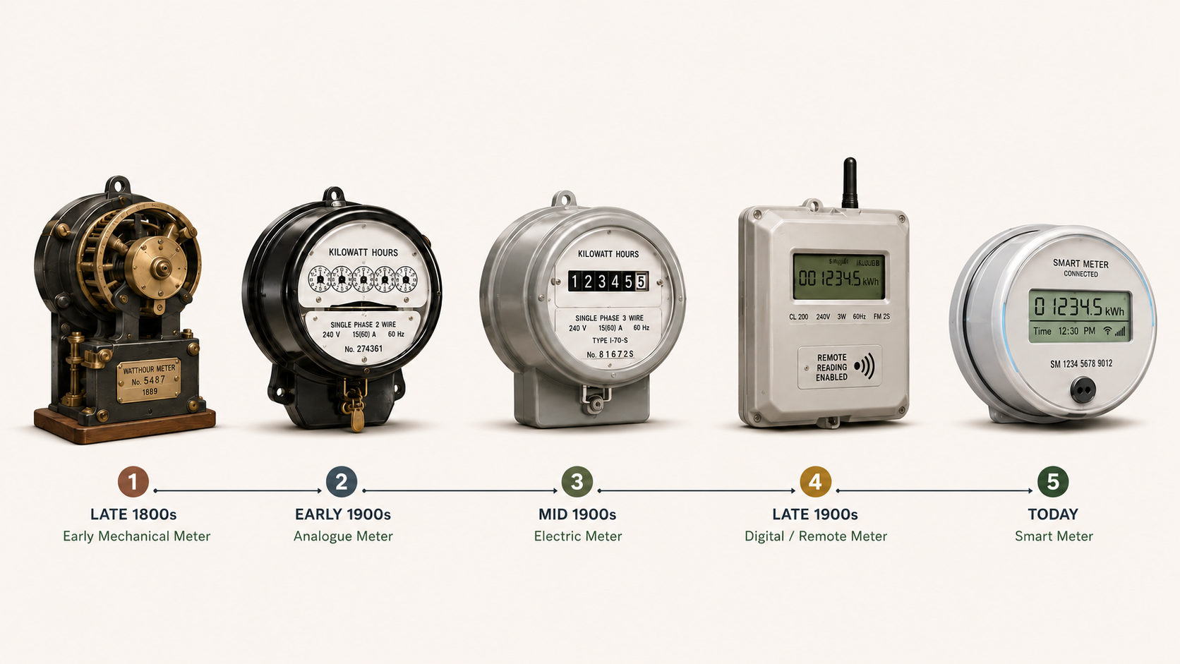 Automated energy management - Five electricity meters from different eras are shown in a row, from left to right: a late 1800s mechanical meter, early 1900s analogue meter, mid-1900s electric meter, late 1900s digital meter, and a modern smart meter.