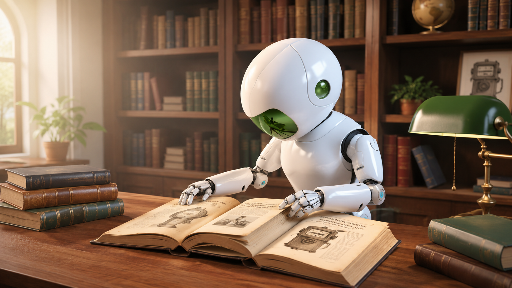 Automated energy management - A humanoid robot sits at a wooden desk in a library, reading an open book. There are more books stacked on the desk, bookshelves in the background, and a green desk lamp to the right.