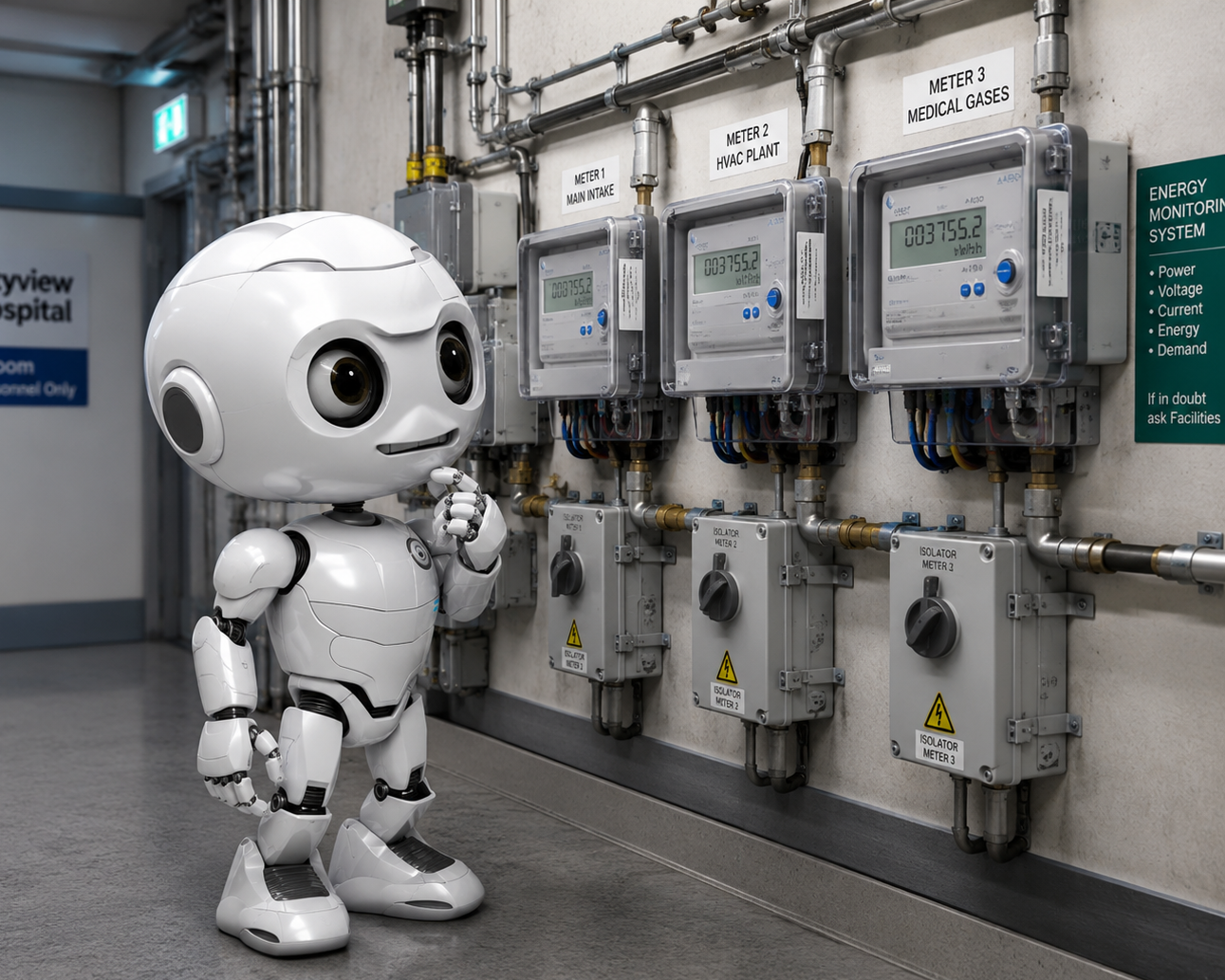 Automated energy management - A small white robot stands in a hospital corridor, looking at three electricity meters labelled Main Intake, HVAC Plant, and Medical Gases mounted on the wall beside an energy monitoring system.