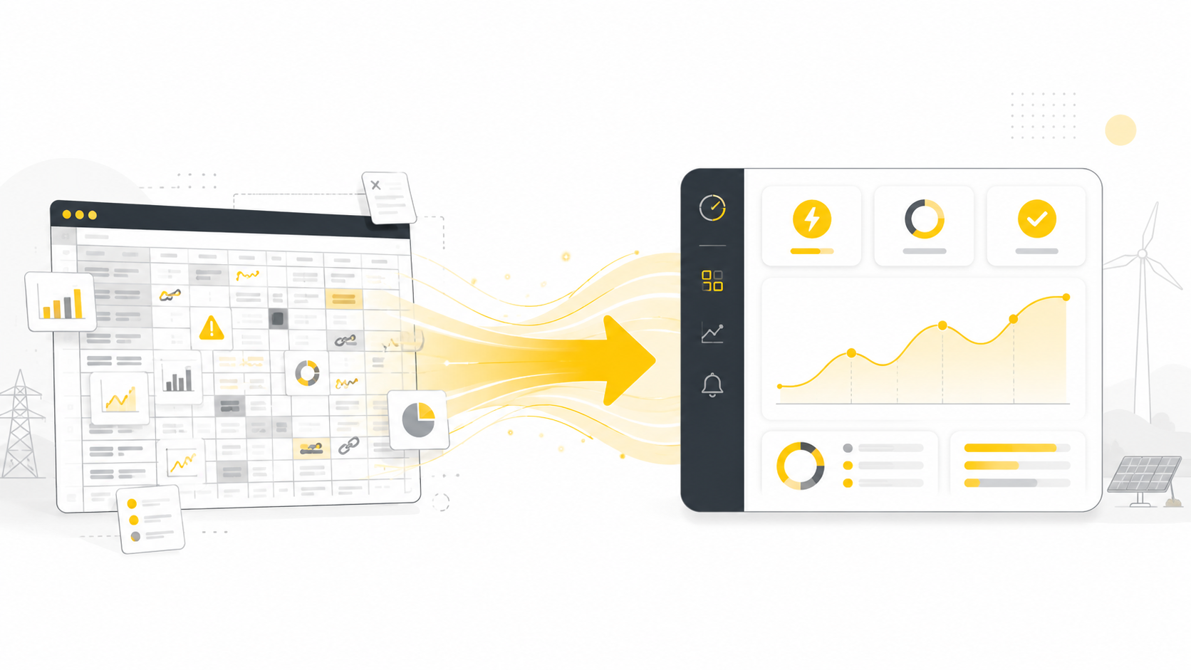Automated energy management - A graphic shows data being transferred from a complex spreadsheet on the left to a simplified dashboard with charts and graphs on the right, using yellow arrows to indicate the flow of information.