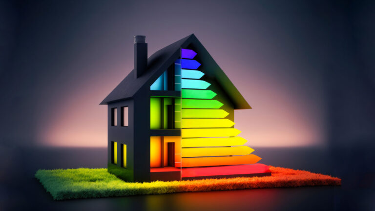 Automated energy management - A model house with one side open, revealing colourful, ascending bars inside resembling an energy efficiency rating scale, with grassy terrain around the base.
