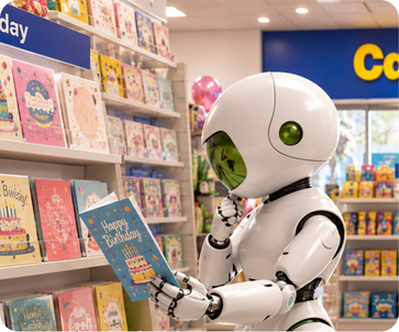 Automated energy management - A robot stands in a brightly lit greeting card shop, looking at birthday cards. The shop shelves are filled with colourful cards and balloons, and a large Card Factory sign is visible above the entrance.