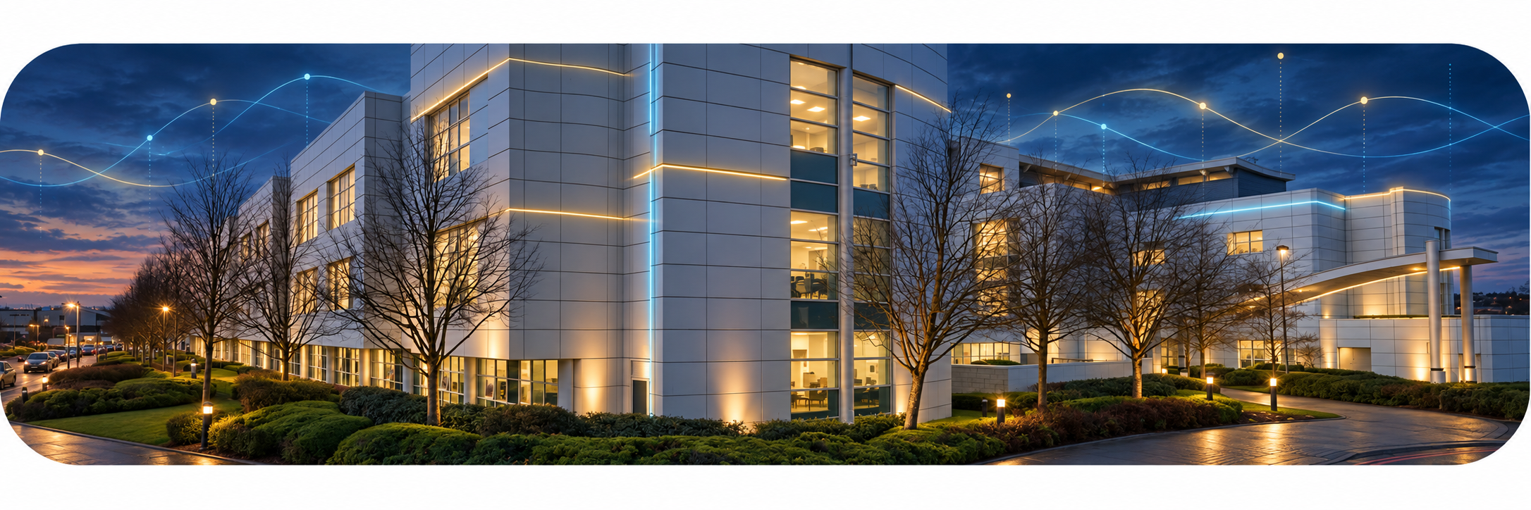 Automated energy management - Modern NHS building at sunset with illuminated sign reading Lincolnshire Partnership NHS Foundation Trust. Graphics show 120+ tonnes CO2 reduction and £60,000+ potential annual savings. Emma AI and Optimai Monitoring logos are visible.